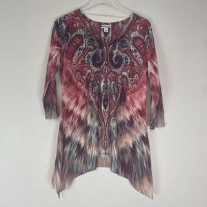 World Unity Paisley Tunic Top Medium Boho Asymmetrical Festival Artsy Rhinestone